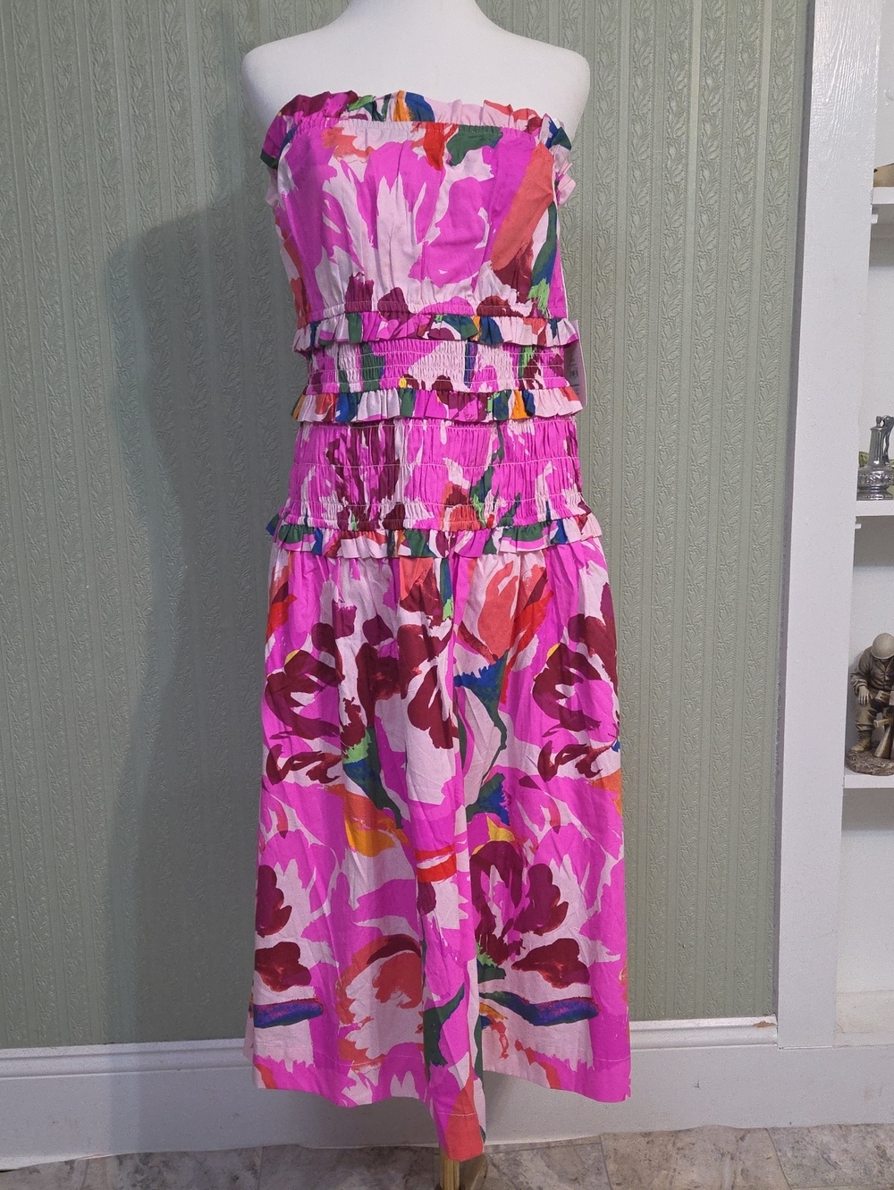 Strapless Pink Floral Midi Dress Flowy Whimsical Elegant Casual
